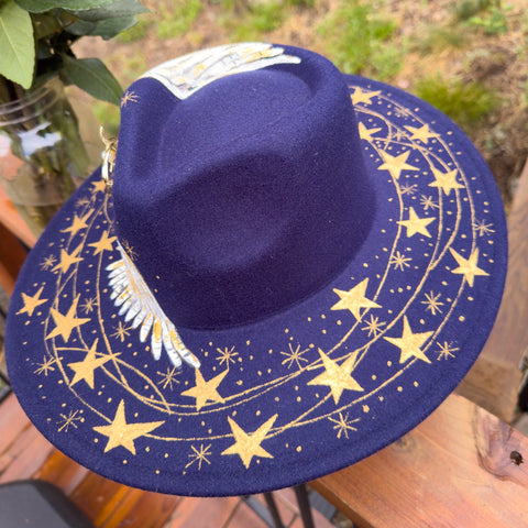 "Celestial Owl" Dark Blue Vegan Felt Hand Painted Hat with Vintage Brooch