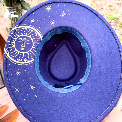 "Celestial Owl" Dark Blue Vegan Felt Hand Painted Hat with Vintage Brooch