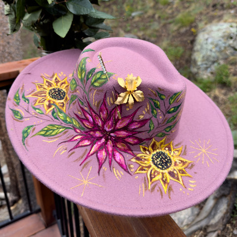 "Autumn" Deep Plum Vegan Felt Hand Painted Hat with Vintage Floral Brooch and Rhinestone Hat Pin