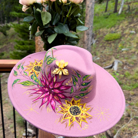 "Autumn" Deep Plum Vegan Felt Hand Painted Hat with Vintage Floral Brooch and Rhinestone Hat Pin