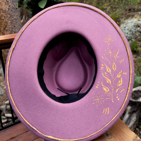 "Autumn" Deep Plum Vegan Felt Hand Painted Hat with Vintage Floral Brooch and Rhinestone Hat Pin