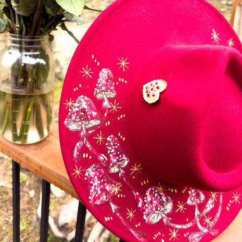 "Red Mushroom” Dark Red Vegan Felt Hand Painted Hat with Vintage Rhinestone Heart Pin