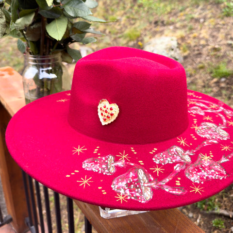 "Red Mushroom” Dark Red Vegan Felt Hand Painted Hat with Vintage Rhinestone Heart Pin