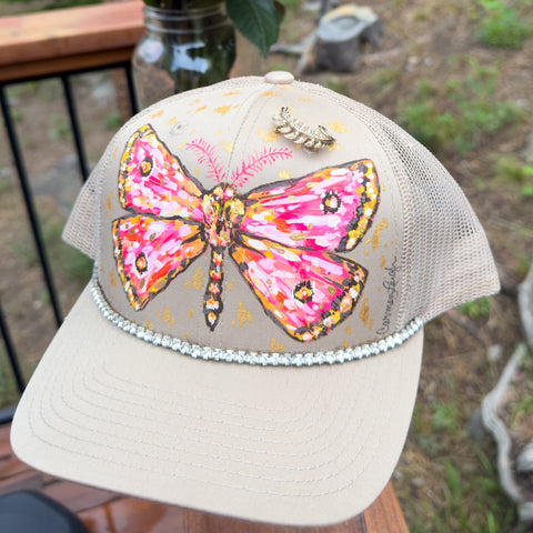 "Fable the Moth" Tan Hand Painted Trucker Hat