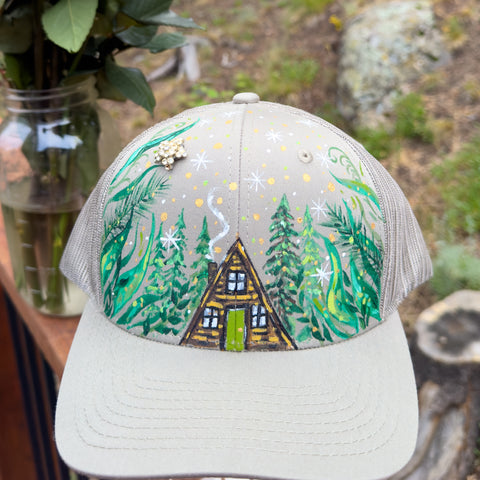"Hideaway A-Frame in the Woods"  Gray Hand Painted Trucker Hat