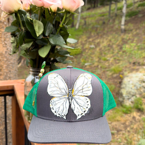 "White Morpho Butterfly"  Gray & Green Hand Painted Trucker Hat