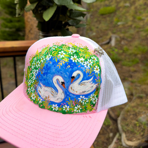 "Swans"  Pink Hand Painted Trucker Hat