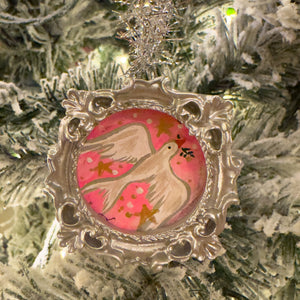 Sugarplum Christmas Ornament ~ Pink Dove (Silver Frame)