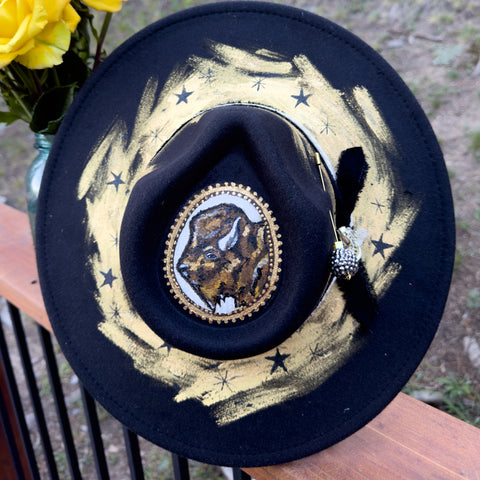 "Sko Buffs” CU Buffalo Black Vegan Felt Hand Painted Hat with Vintage Rhinestone Pin