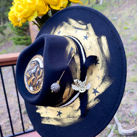 "Sko Buffs” CU Buffalo Black Vegan Felt Hand Painted Hat with Vintage Rhinestone Pin