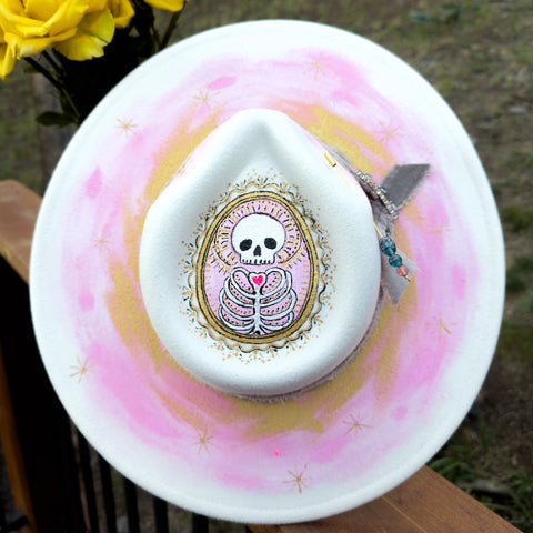 "Dia de los Muertos” Cream & Pink Vegan Felt Hand Painted Hat with Vintage Rhinestone Pin