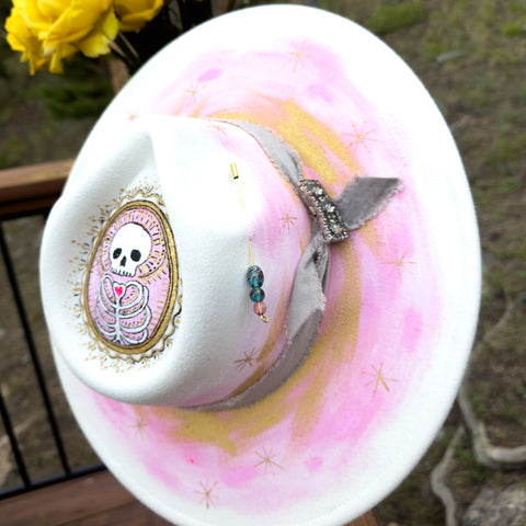 "Dia de los Muertos” Cream & Pink Vegan Felt Hand Painted Hat with Vintage Rhinestone Pin