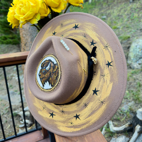 "Sko Buffs” CU Buffalo Camel Vegan Felt Hand Painted Hat with Vintage Rhinestone Pin