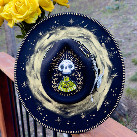 "Dia de los Muertos” Black Vegan Felt Hand Painted Hat with Vintage Rhinestone Pin