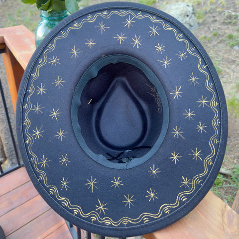 "Dia de los Muertos” Black Vegan Felt Hand Painted Hat with Vintage Rhinestone Pin