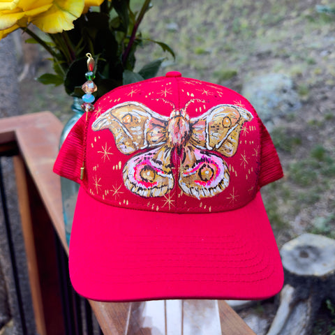 "Bewitched Moth"  Red Hand Painted Trucker Hat