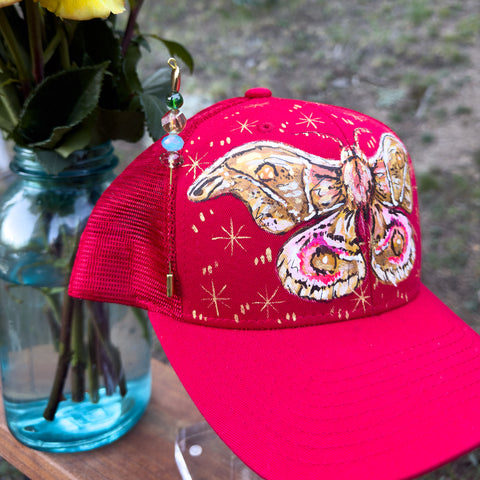 "Bewitched Moth"  Red Hand Painted Trucker Hat