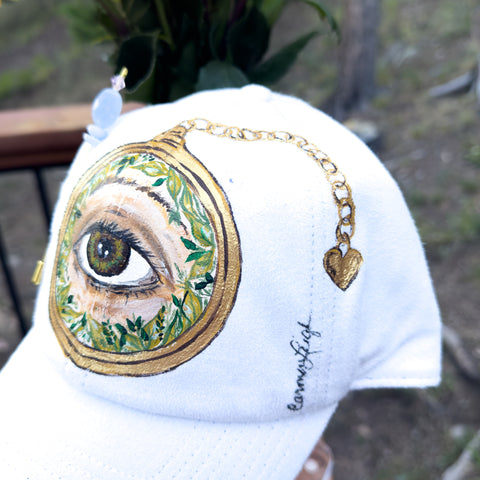 "Lover's Eye" White Hand Painted Vegan Suede Baseball Hat