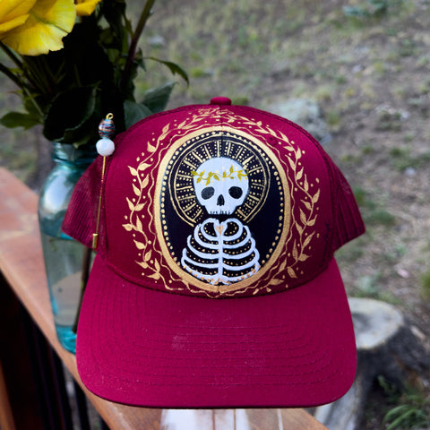 "Skelly"  Dark Red Hand Painted Trucker Hat