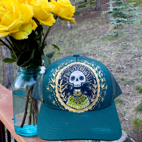 "Dia De Los Muertos"  Dark Green Hand Painted Trucker Hat