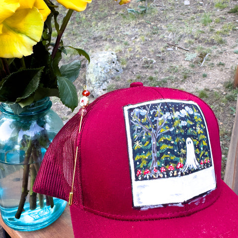 "Ghost & Mushroom Polaroid"  Burgundy Hand Painted Trucker Hat