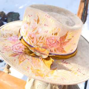 "Delicate Roses” Cream Vegan Felt Hand Painted Hat with Vintage Pink Rhinestone Leaf Brooch