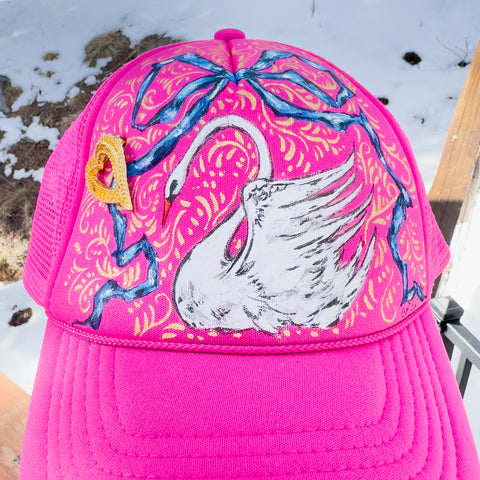 Hand Painted Trucker Hat - "Swan & Ribbons" with Vintage Golden Heart Brooch