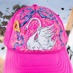Hand Painted Trucker Hat - "Swan & Ribbon" with Vintage Golden Heart Brooch