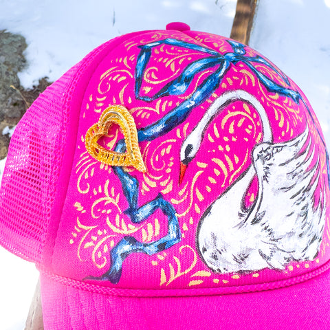 Hand Painted Trucker Hat - "Swan & Ribbons" with Vintage Golden Heart Brooch