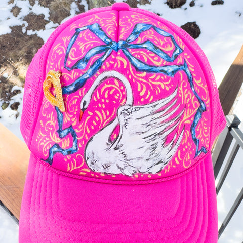 Hand Painted Trucker Hat - "Swan & Ribbons" with Vintage Golden Heart Brooch