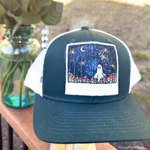"Polaroid- Ghost in a Field of Mushrooms" Dark Green & White Hand Painted Trucker Hat