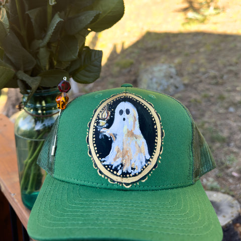 "Ghostie & The Candlestick" Emerald Green Hand Painted Trucker Hat