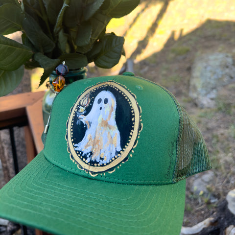 "Ghostie & The Candlestick" Emerald Green Hand Painted Trucker Hat