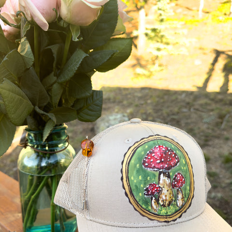 "1970's Mushrooms" Tan Hand Painted Trucker Hat