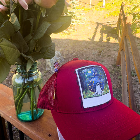 "Gus the Ghost Polaroid"  Burgundy Hand Painted Trucker Hat