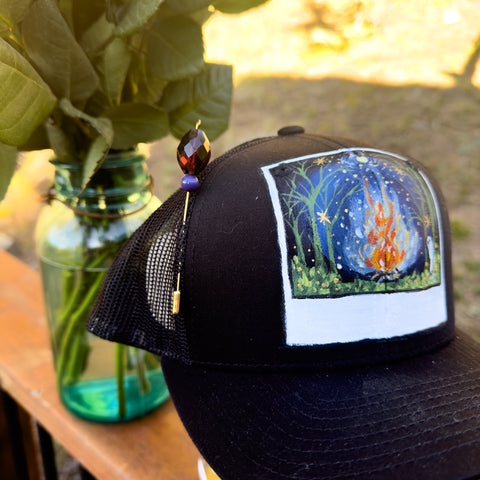 "Ghost & the Witch's Fire Polaroid" Black Hand Painted Trucker Hat