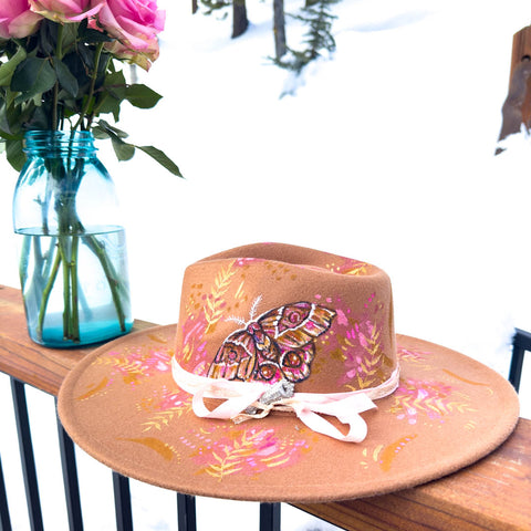 "Fairylike Moth” Camel Vegan Felt Hand Painted Hat with Vintage Rhinestone Clip