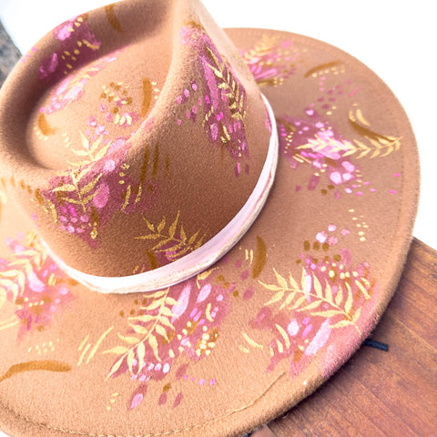 "Fairylike Moth” Camel Vegan Felt Hand Painted Hat with Vintage Rhinestone Clip