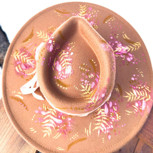 "Fairylike Moth” Camel Vegan Felt Hand Painted Hat with Vintage Rhinestone Clip