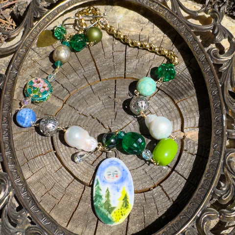 "Selene the Moon & Her Trees"- Ceramic Charm Necklace