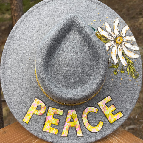 "Peace Hippie" Gray Vegan Suede Hand Painted Hat