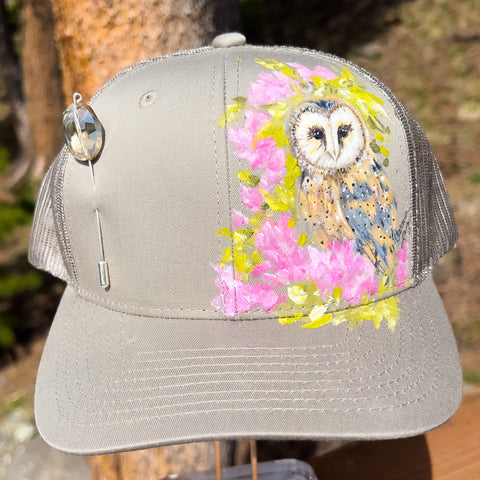 Hand Painted Trucker Hat - "Owl & Peonies" with Vintage Bead Hat Pin