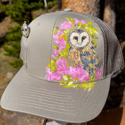 Hand Painted Trucker Hat - "Owl & Peonies" with Vintage Bead Hat Pin