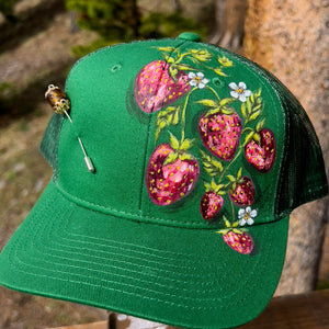 Hand Painted Trucker Hat - "Green with Strawberries" with Vintage Bead Hat Pin
