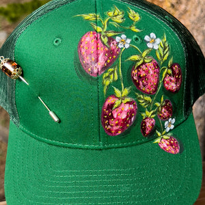 Hand Painted Trucker Hat - "Green with Strawberries" with Vintage Bead Hat Pin