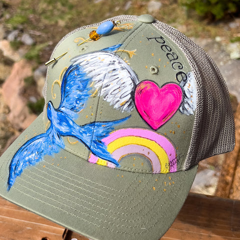 Hand Painted Trucker Hat - "Bluebird, Rainbow & Heart" with Vintage Bead Hat Pin