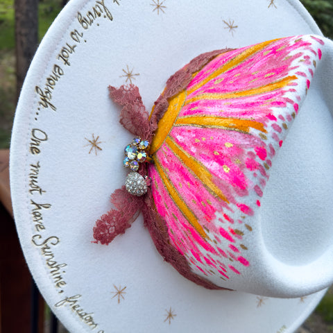 "Sunshine" Cream Vegan Felt Hat with Vintage Lace and Rhinestones