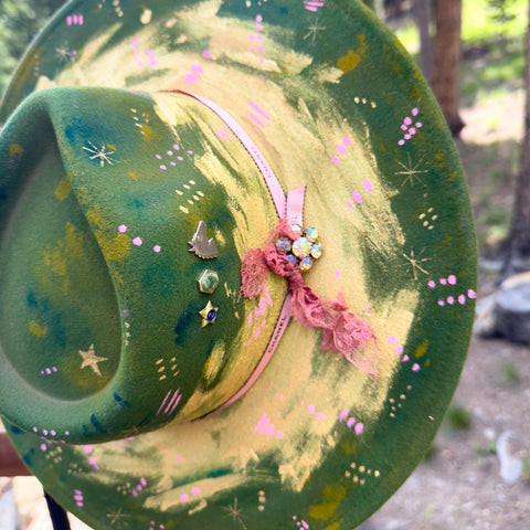 "Green Elemental" "Deep Dyed" Vegan Felt Hat with Vintage Boy Scout Pins