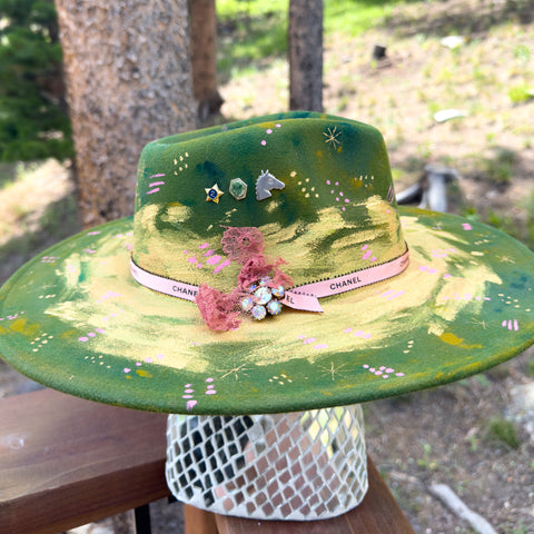 "Green Elemental" "Deep Dyed" Vegan Felt Hat with Vintage Boy Scout Pins