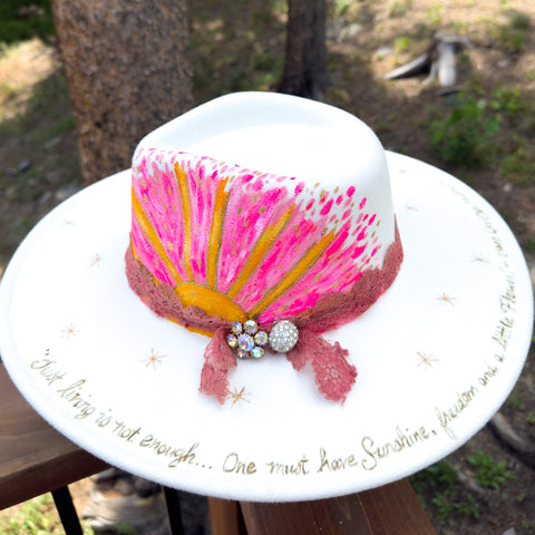 "Sunshine" Cream Vegan Felt Hat with Vintage Lace and Rhinestones